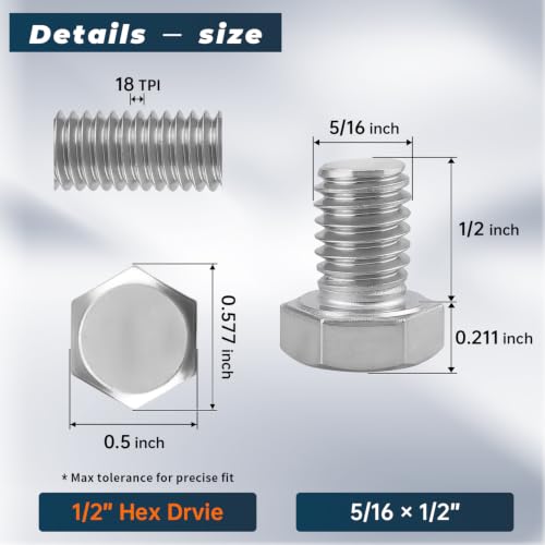 Image of 10 Sets Glvaner 5 /16-18 x 1 /2 inch Stainless Steel Hex Head Screws Bolts, Nuts, Flat & Lock Washers, 18-8 (304) Stainless Steel, Full Thread, Coarse Thread