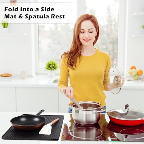 Image of Foldable Silicone Stove Top Cover - 20 inchx28 inch Stove Top Covers for Electric Stove, Glass Top Stove Cover, RV Stove Top Cover & Dish Drying Mat (Black, 28''x20'')