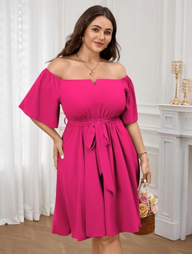 Image of SCOMCHIC Womens Plus Size Cocktail Dress Summer Off Shoulder Short Sleeve Flowy Ruffle A-Line Cute Mini Dress with Belt
