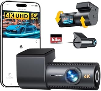 4K Dash Cam Front and Rear, 64GB SD Card, 1.5” IPS Display Car Camera, 5Ghz WiFi+App Control, Night Vision, 24H Parking Mode, G-Sensor, WDR, 170° Wide Angle, 4K+1080P Dual Dash Camera for Cars