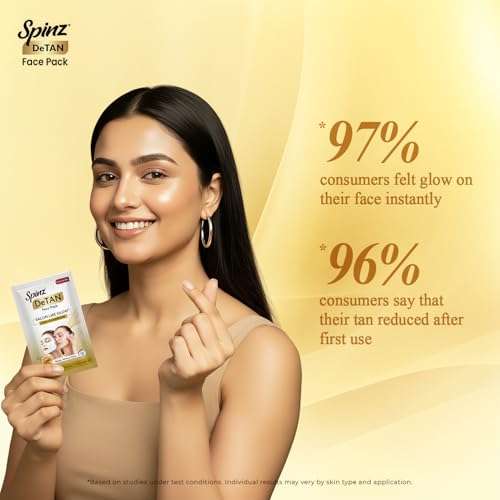 Image of Spinz DeTan Face Pack with Besan, Honey & Kojic Acid | Tan Removal cream for Brightening & Glow | Salon-like Glow in 15 mins | 72g, Pack of 6 (12g x 6)