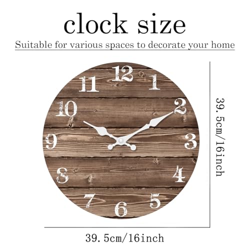 Image of XFM Large Farmhouse Wall Clock Battery Operated 16 Inch Brown | Silent Non-Ticking Vintage Wooden Rustic Decorative for Kitchen Living Room Office