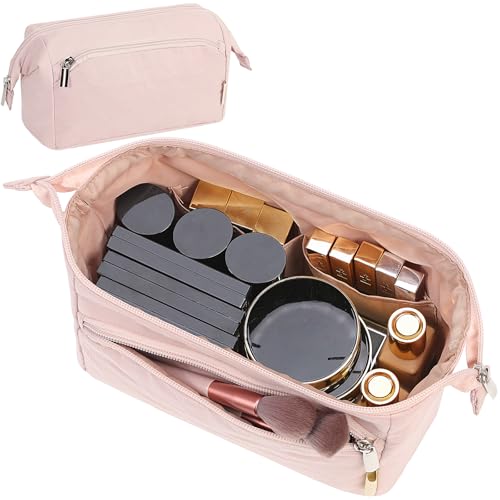 NISHEL Travel Makeup Bag for Women, Wide-Open Organizer with Front Pockets
