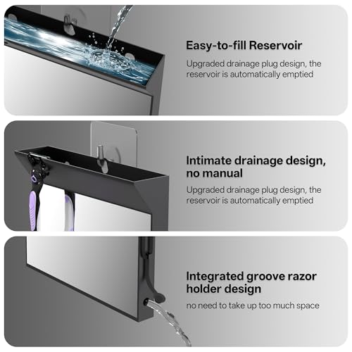 Image of Wall Mount Anti Fog Mirror for Shower,Large Black Mirror for Bathroom,Hot Water Powered Defogging Shower Mirrors for Shaving for Women Makeup,Heated Makeup Mirror Hanging with Hook