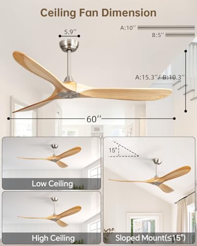 Image of Sofucor 60 Inch Smart Wood Ceiling Fan No Light, Alexa /App /Remote Control | Ceiling Fan without Light, Quiet Reversible DC Motor, 6 Speeds, Indoor /Outdoor /Bedroom /Living Room /Patio, Natural Wood