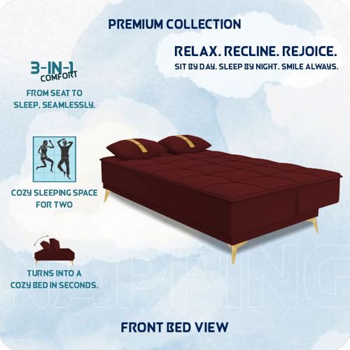 Image of Adorn India Premium New Alyssum 3 Seater Sofa Cum Bed 4X6 Velvet Suede with 2 Cushions (Color Maroon) and Suitable for All Indoor, with 3 Years Warranty