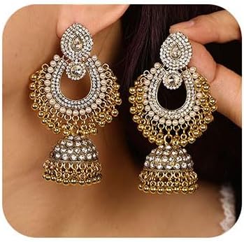 Missgrace Boho Indian Rhinestone Dangle Teardrop Tassel Long Earrings for Women Vintage Retro Chandelier Earrings Beaded Crystal Jhumka Jhumki Tassel Studs Traditional Earrings for Women