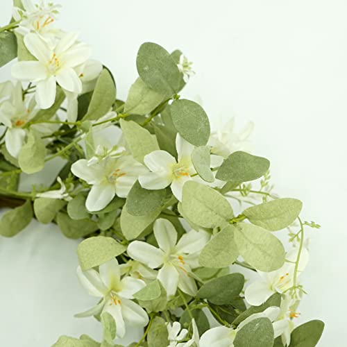 Wreathdream 18'' Spring Wreath Summer Wreath For Front Door With Green Eucalyptus Leaves And White Cherry Blossoms For Home Outdoor Farmhouse Porch Wall Decoration, White Gift Box Included #TOP4