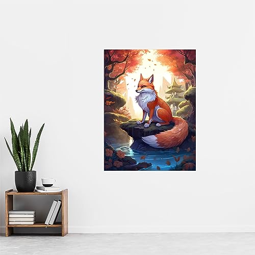 Artery8 Kitsune Fox Spirit Painting Orange Green Blue Digital Art Conceptual Depiction Mythical Creature in Autumn Forest Landscape with Temple Extra Large XL Wall Art Poster Print - Image 4