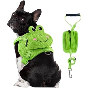 Dog Backpack Harness, Cute Dog Harness with Leash, Dog Harness with Backpack, No Pull Dog Saddle Bag Puppy Vest, Mesh Frog Self Bag with D-Ring, Dog Hiking Backpack for Small Medium Dogs M