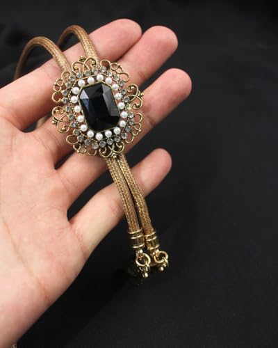 Image of PEARLY JUN Bolo Tie for Men Women Rhinestone Cowboy Brown Country Style Handmade Leather String Rodeo Festive Days Gifts
