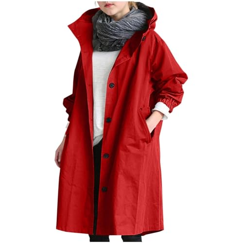 Girls Long Hooded Trench Coat Single Breasted Button Elastic Cuffs Jacket
