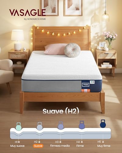VASAGLE Colchón 90 x 190 cm, Colchón Individual, Espuma Viscoelástica con Gel, Firmeza Media Tirando a Suave en 7 Zonas, Funda Transpirable y Lavable a Máquina, Grosor 20 cm, Azul RMZ121QZ01