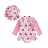 Infant Baby Girl Swimsuit Strawberry Plaid Zipper Swimwear Long Sleeve Rash Guard Bathing Suit with Hat 2 Piece (Pink, 3-6 Months)