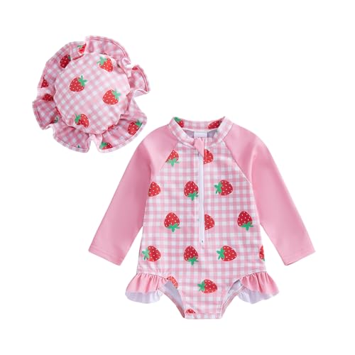 Infant Baby Girl Swimsuit Strawberry Plaid Zipper Swimwear Long Sleeve Rash Guard Bathing Suit with Hat 2 Piece (Pink, 3-6 Months)