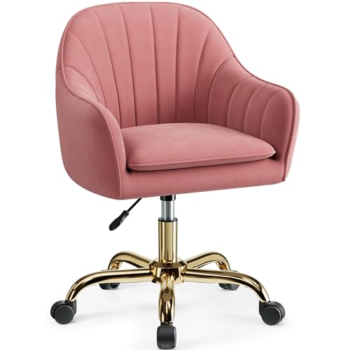 Image of Vanity Chair with Wheels, Comfy Home Office Desk Chairs Adjustable Modern Velvet Makeup Vanity Chairs for Bedroom Living Room-Dusty Rose