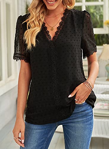 Dokotoo Damen Bluse Boho Spitze T-Shirt Tops Elegant Frühling Sommer V-Ausschnitt Oberteile Tunika Trachtenbluse, schwarz, XXL