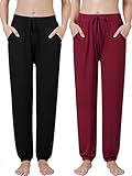 Ymmchy Women's Pajama Pants Soft Pyjama Bottoms Lounge Trousers Sleep Pants with Pockets 2-Pack Black/Wine Red L