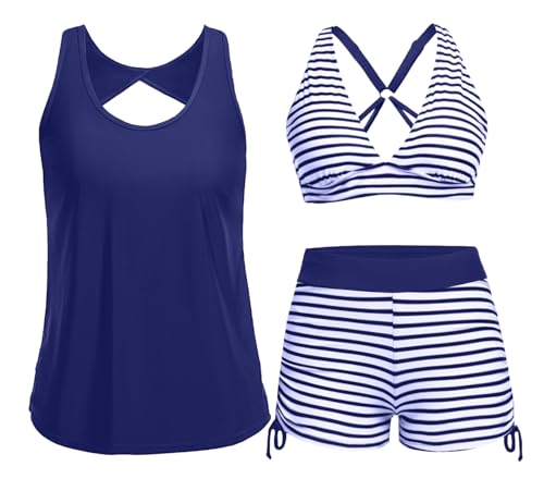 Yonique 3 Piece Tankini Swimsuits for Women Swim Tank Top Bathing Suits with Boy Shorts and Bra Athletic Swimwear Blue L