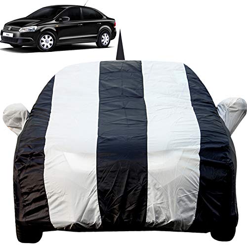 Image of Autofact Car Body Cover for Volkswagen Vento with Mirror and Antenna Pocket (Light Weight, Triple Stitched, Heavy Buckle, Bottom Fully Elastic, White Stripes with Navy Blue Color)
