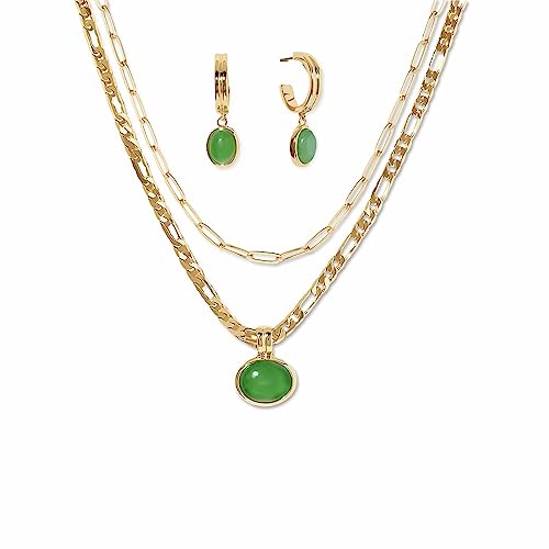 Moonffay Sage Green Jewelry Set For Women,Stainless Steel Paperclip Choker Chain Plated 18K Gold Jewerly Set,Natural Stone Pendant Necklace And Earrings Set Spiritual Jewelry #TOP6