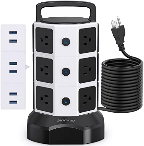 【10ft】 Power Strip Tower JACKYLED Surge Protector Electric Charging Station with 13A 12 Outlets 6 USB Ports Heavy Duty Extension Cord for Home Office Computer Nightstand Laptop Phone White Black
