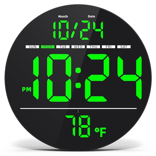 Digital Wall Clock with Large LED Display Date Temperature Auto-Brightness | Small [PLUG-IN] Clock | Modern Electric Wall Clock for Bedroom Classroom Living Room Home Office Farmhouse Green