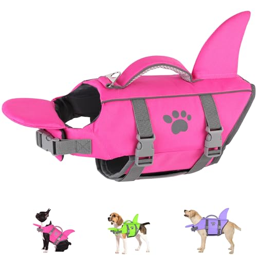 Dogcheer ドッグライフジャケット サメ レスキューハンドル付き 反射犬用ライフベスト 水泳ボート用 子犬 スイムベスト ペットフローティングデバイス DFD 小型中大型犬用 - ピンク、XSの商品画像（Amazon）