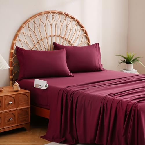 JSD Burgundy Full Sheet Set with Side Storage Pocket 4 Piece Soft Microfiber Bed Sheets Deep Pocket Corner Straps Oeko-Tex Certified