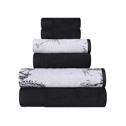 Superior Cotton Jaquard Absobent Marble Bath Towel Set, 6 Piece, Black