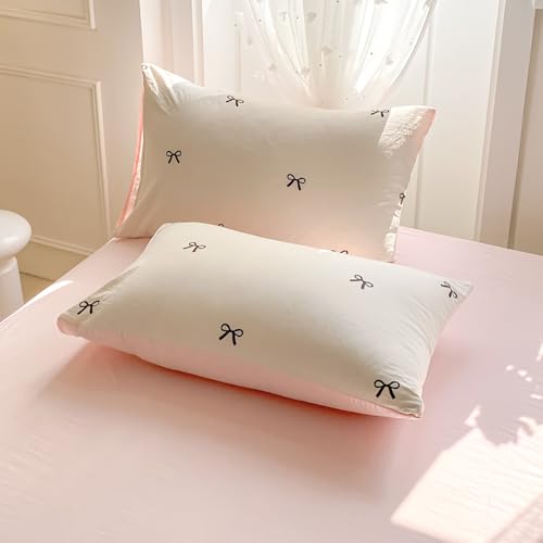 Image of Nayoroom Bow Duvet Cover Queen Size Reversible Pink Coquette Duvet Cover 3 Pieces Soft Lightweight Microfiber Kids Girls Cute Aesthetic Dorm Bedding Set, White /Pink