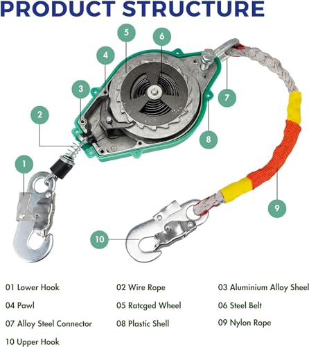 Image of 49ft Self Retracting Lifeline, 330lbs Retractable Fall Arrester, Fall Protection Lanyard, Double Lock Safety Harness for Construction, Dual Swivels, Flame Retardant Steel Wire(Φ3.2mm)
