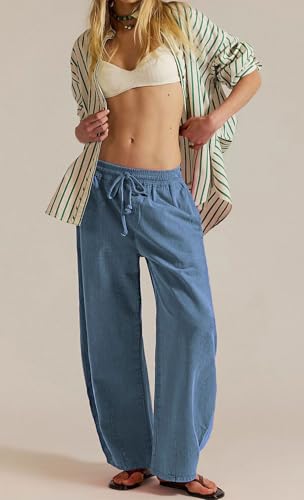 loveimgs Women Baggy Barrel Jeans Boyfriend Elastic Mid Rise Wide Leg Jeans Sweatpants Denim Lounge Pants Drawstring Y2k2