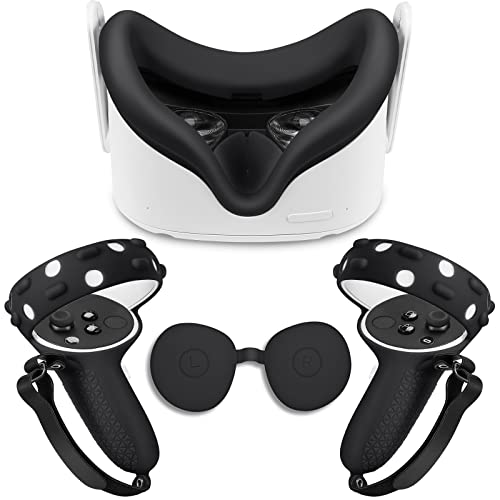 FINPAC Silicone Protective Cover for Oculus Quest 2 Gaming VR Accessories Set, Sweatproof Face Cover + Lens Cap + Touch Controller Grip Cover Bundle for Virtual Reality Headset Combo (Black)