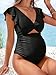 OYOANGLE Women's Maternity One Piece Swimsuits Textured Twist Cut Out V Neck Ruffled Ruched Pregnancy Bathing Suits Black Large