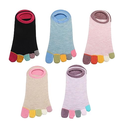 Leadigol 5 Pairs Toe Socks, No Show Cotton Low Five Finger Socks, Women's Toe Socks for Running, Cotton Five Finger Socks, Anti-Slip Fashion Socks