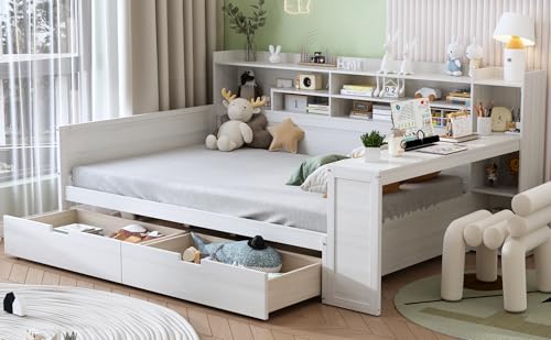 Merax Full Size Wood Daybed, Corner Bed Frame with Storage Shelves, 2 Drawers & Study Desk & Built-in Workspace, Multi-Functional Wooden Bed Space-Saving for Bedroom, Dorm, Guest Room, Antique White by Merax - Used condition - Image 3