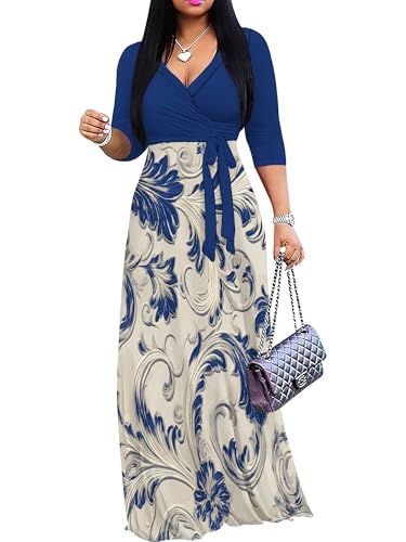 Image of SUZONANA Plus Size Dresses for Women Floral Print Maxi Dress Flowy 3 /4 Sleeve with Belt