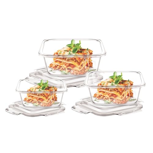 Image of Signoraware Safe Store Glass Square Containers | Airtight & Leakproof | Microwave Safe | Ideal for Reheating, Baking or Serving, Office Lunch & Outdoor Activities (320ml+520ml+800ml | Setof3 | Clear)