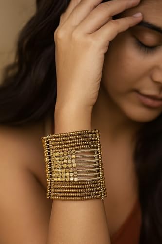 Image of Touchstone Indian Colorful Bead Bracelet Bollywood Beaten Metal Beads Openable Broad Cuff Bracelet in Gold or White Tone for Women.