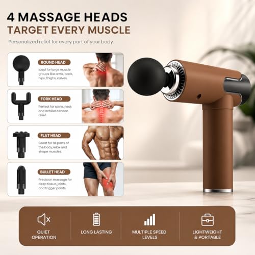 Image of Massager, 4 Heads, 6 Speed, Handheld, Percussion Muscle Massager for Full Body Relief Muscle Relaxation of Neck, Shoulder, Back, Foot for Men & Women - Corded (Brown)