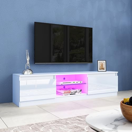 TV Schrank Lowboard mit LED Beleuchtung, Hochglanz Fernsehschrank für Fernseher bis zu 65 Zoll, Fernsehtisch mit 2 Türen, TV Board mit 2 Regalen für Wohnzimmer & Schlafzimmer 160x35x40 cm (Weiß)