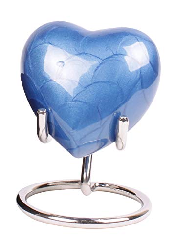 Small Keepsake Heart Cremation Urn For Ashes With New Improved Lid, Mini Heart Memorial Urn With Box & Stand (Blue Aluminium)