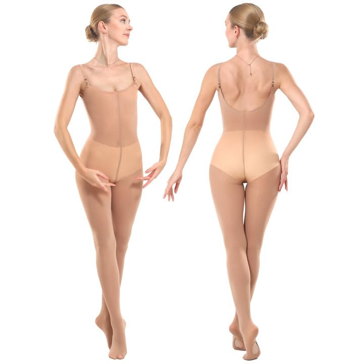 MANZI Full Body Dance Tights for Women Nude Ballet Leotard Convertible with Adjustable Straps Soft Semi Opaque Adult Tights2