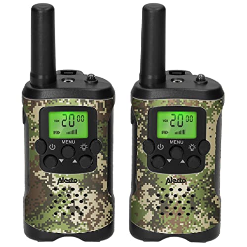 Alecto FR 115   Set de Dos Walkie Talkies para niños   Walki Talki con Alcance de hasta 7 kilómetros   Walky Talky 8 Canales   Linterna integrada   Pantalla retroiluminada   Camuflaje