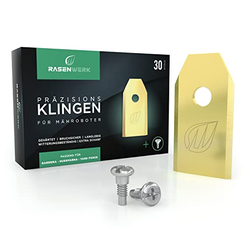 RASENWERK® - Cuchillas de recambio para cortacéspedes robóticos Husqvarna, Gardena, Yard Force con tornillos innovadores - Cuchillas de recambio universales para cortacéspedes - 30 pcs Cover