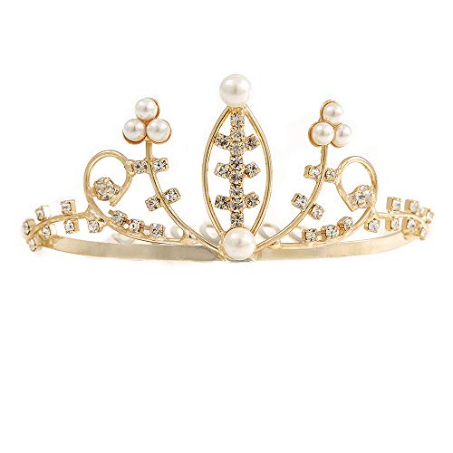 Preisvergleich Produktbild Unbekannt Avalaya Fairy Princess Mini-Haarschmuck, für Hochzeit, Abschlussball, Party, Goldfarbene Kristalle und weiße Kunstperlen, 80 mm