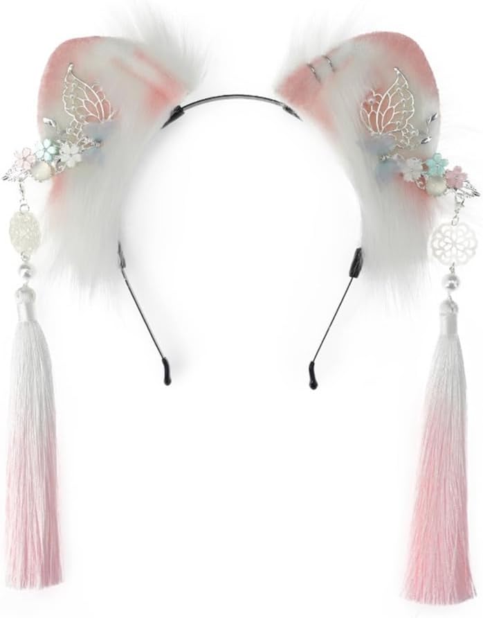 Bottone Cartoon Ear Shape Hair Hoop with Fringe Decors Chinese Style Hair Holder Cosplay Party Headwear for Teenagers Adult