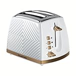 Russell Hobbs Groove 2 Slice Toaster (High Lift, Extra Wide Slots, 6 Browning levels, Frozen/Cancel/Reheat function - Illuminated buttons, Removable crumb tray, 850W, White, Brushed gold accents)26391