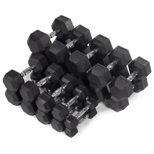 Titan Fitness 5-50 lb Sets Black Rubber Coated Hex Dumbbell Free Weights, Ergonomic Chrome Medium Knurled Handle